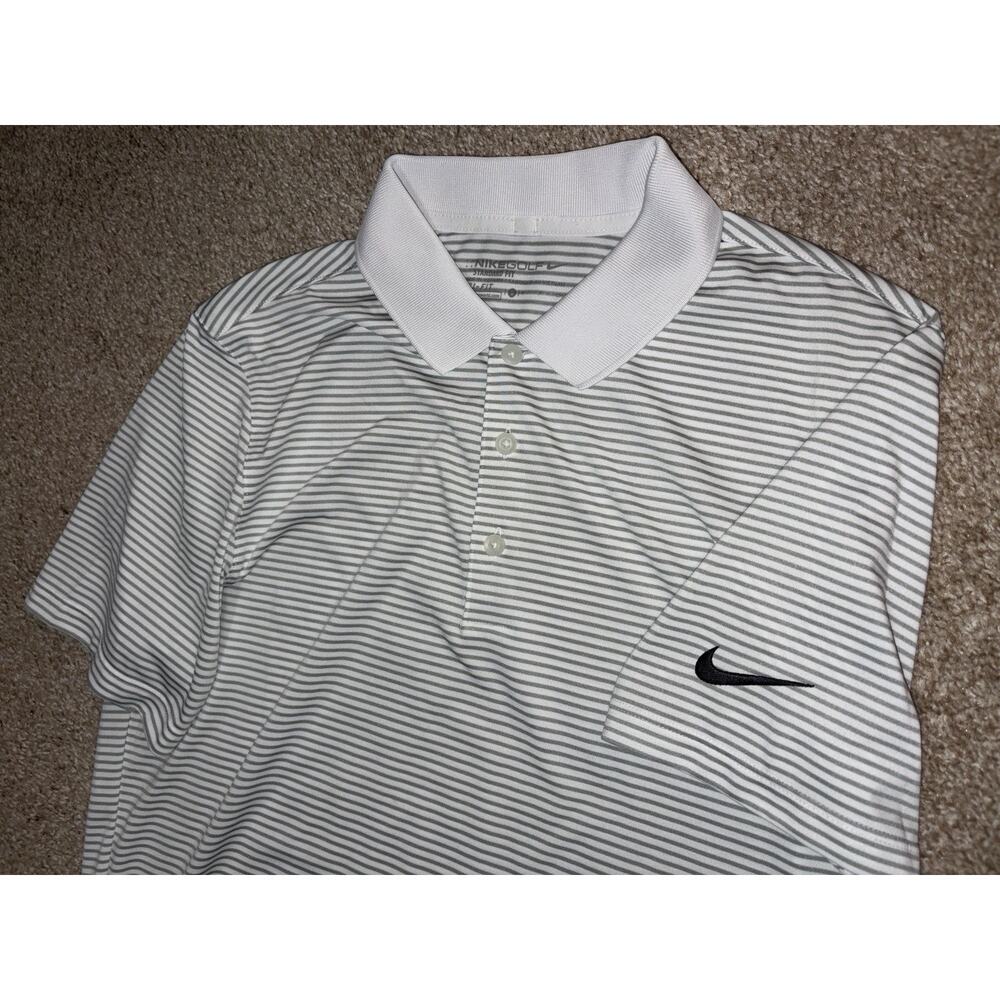 Nike Polo Shirt Mens Small Gray White Stripe Dri-FIT Golf Performance Preppy